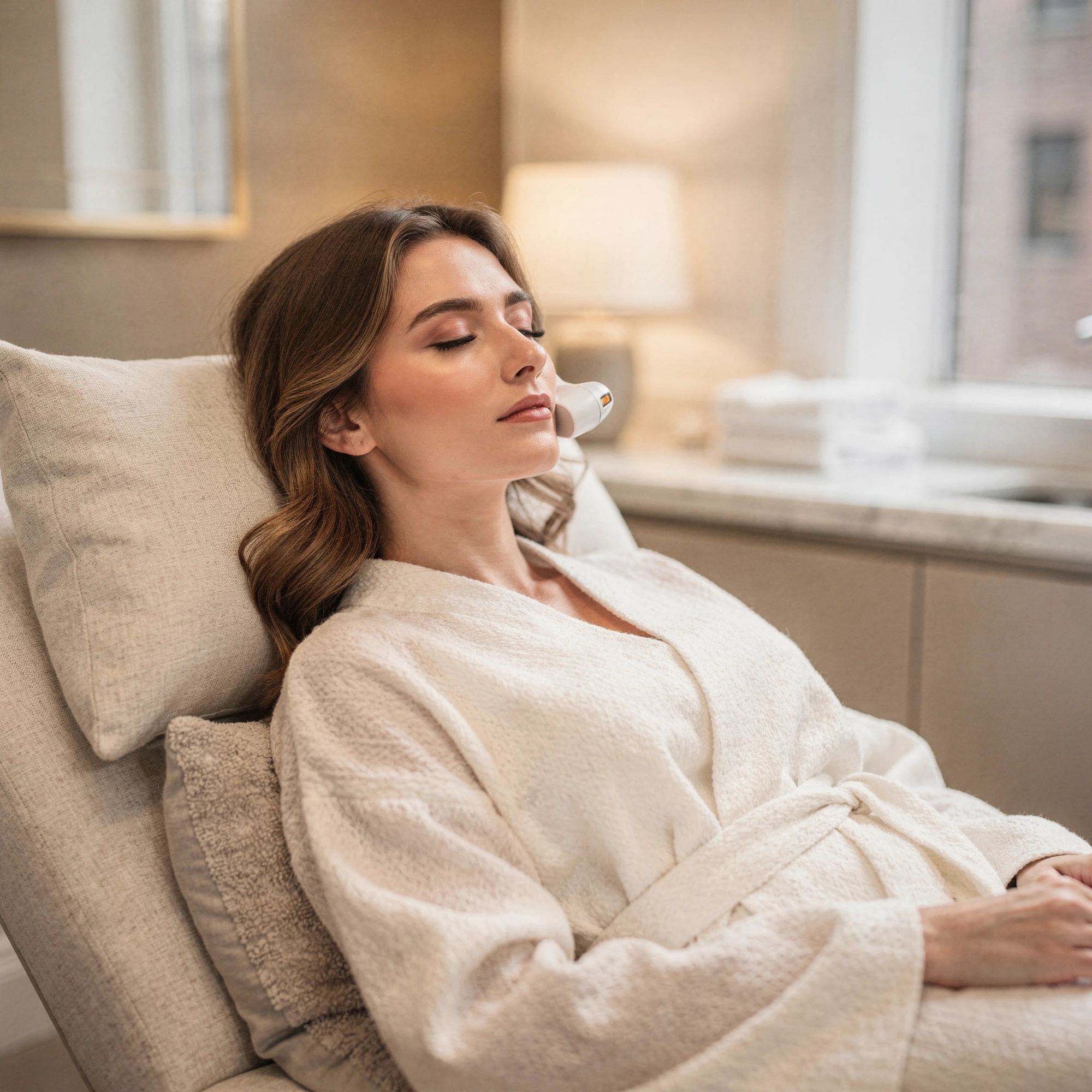 Woman relaxing in a treatment chair at a modern aesthetic clinic